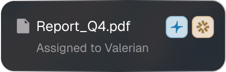 Dark mode file icon showing PDF file named Report_Q4 assigned to Valerian with share and options symbols.