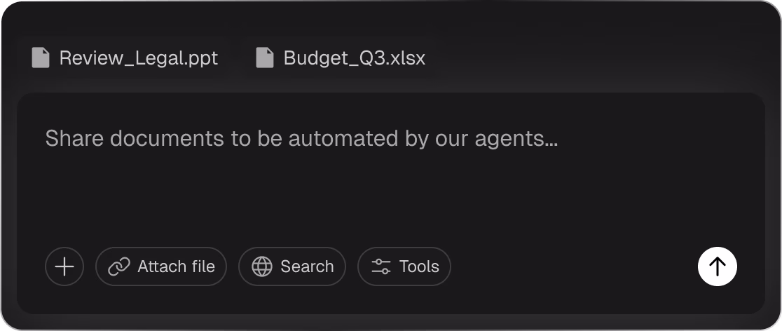Dark mode interface showing two attached files named Review_Legal.ppt and Budget_Q3.xlsx, with a prompt to share documents for automation, and buttons labeled Attach file, Search, and Tools.