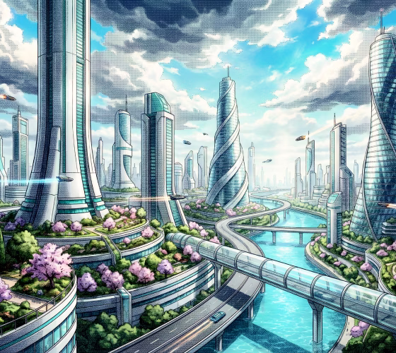 Futuristic city with tall skyscrapers, elevated highways, transparent tube walkways, cherry blossom trees, and flying vehicles under a cloudy blue sky.